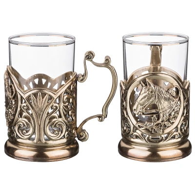 ПОДСТАКАННИК "ЛОШАДЬ" 250 МЛ. ЛАТУНЬ,ЖАРОПРОЧНОЕ СТЕКЛО С ПОЗОЛОЧЕННОЙ КАЕМКОЙ