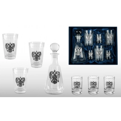Подарочный набор из графина, трёх¶стопок и трёх стаканов "ГРАНЁНЫЙ" с оловянным барельефом "Двуглавы